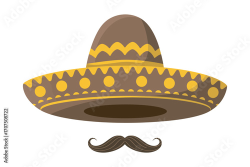 A vector graphic illustration of a traditional Mexican sombrero and a classic mustache, representing cultural elements for a fiesta or holiday celebration