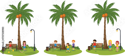 Children playing in the park under coconut trees, enjoying outdoor activities, fun time with friends, summer day, kids socializing happily.