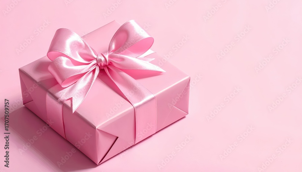 Fototapeta premium A vibrant pink gift box, elegantly wrapped with a satin ribbon bow, sits on a matching background.