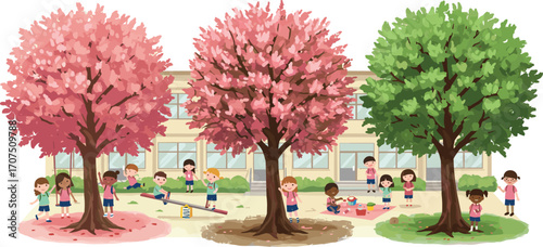 Children playing outdoors in schoolyard, cherry blossom trees, spring season, diverse kids, playground fun, blooming trees, outdoor education, happy childhood.