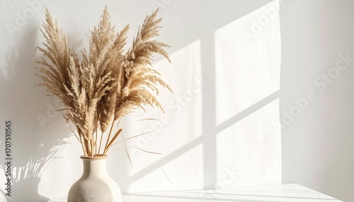 A beige bouquet of pampas grass in a light-colored ceramic vase sits against a white wall, illuminated by natural light casting subtle shadows.