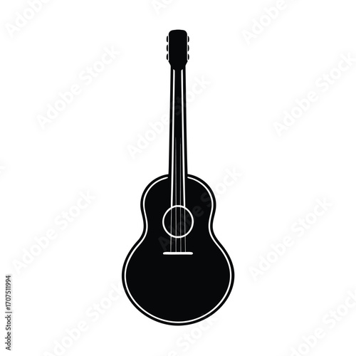 A minimalist black silhouette of a guitar on a clean white background
