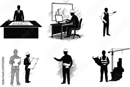Architects and engineers at construction site, working with blueprints, city planning, project management, drafting buildings, vector illustration concept