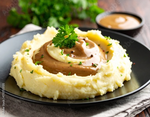 Mashed potatoes topped with thick gravy and fresh parsley on a black plate, set on a dark wood background.