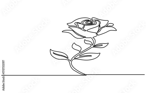 Rose one line drawing. Abstract flower continuous line. Minimalist contour drawing of rose . Continuous line drawing of flower rose . Hand drawn sketch of flower with leaves.