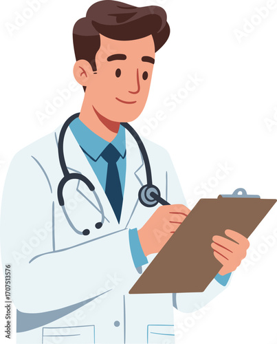 Young male doctor writing on clipboard, medical professional with stethoscope, healthcare worker, hospital staff, patient care, clinical examination, health diagnosis