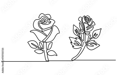 Rose one line drawing. Abstract flower continuous line. Minimalist contour drawing of rose . Continuous line drawing of flower rose . Hand drawn sketch of flower with leaves.
