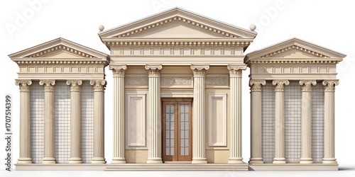 A classical stone building with ancient Roman columns forms a historic landmark against a city sky, evoking the grandeur of European architecture