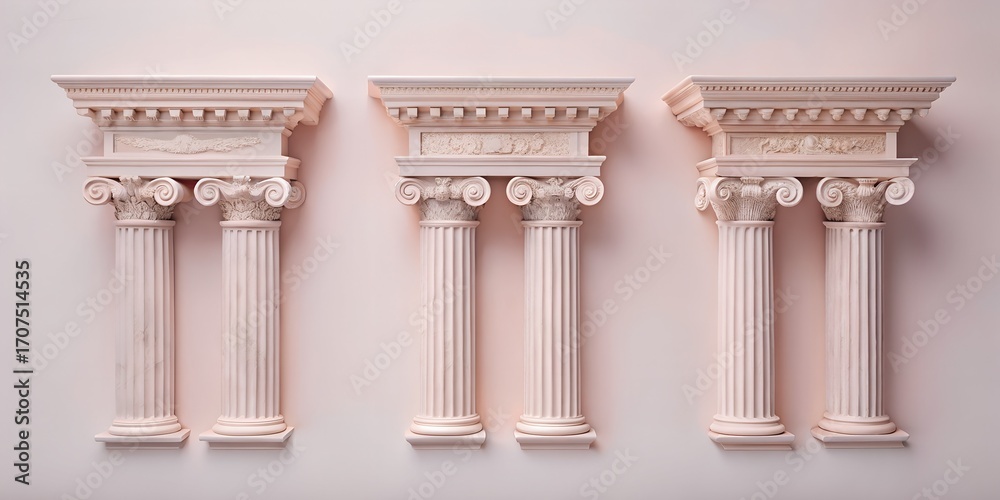 Fototapeta premium Classical Greek and Roman marble columns, pillars, and pedestals isolated on a white background, evoking ancient temple architecture