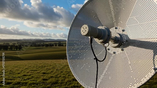 Satellite dish rural landscape antenna countryside connectivity sunset rolling hill communication metal sky countryside field sunrise clouds
