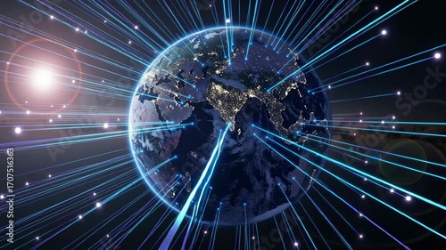 Global satellite internet connectivity over Earth at night with data beams linking illuminated cities for fast global network and communication