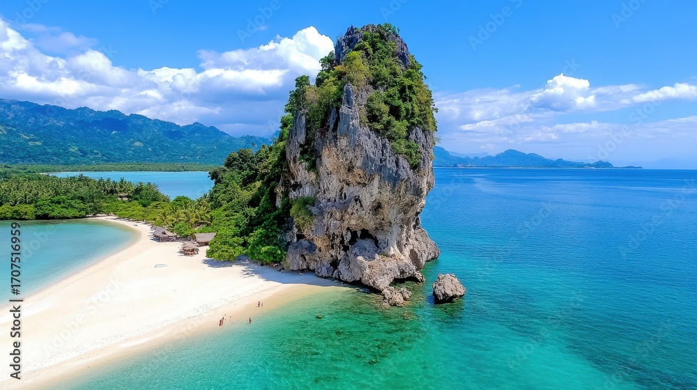 Naklejka premium Idyllic Tropical Beach with Limestone Rock and Turquoise Waters