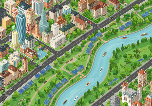 Cityscape with River and Solar Panels.