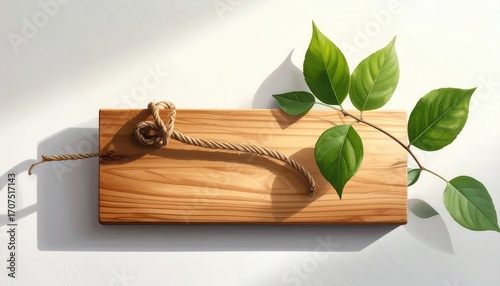 A light-filled, detailed composition featuring a natural wood plank with a tied rope and fresh green leaves against a bright white background.