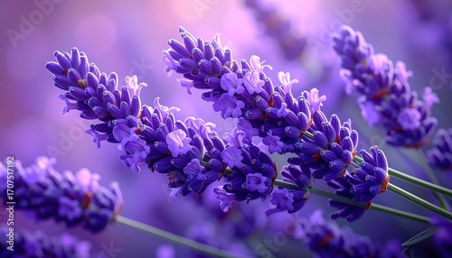 Vibrant purple lavender blossoms capture the essence of a sunny summer day, showcasing delicate flower clusters and soft background tones.