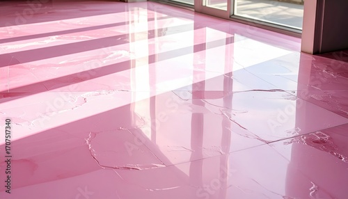 Polished pink marble-effect floor tiles gleam under sunlit windows, showcasing a vibrant interior design.