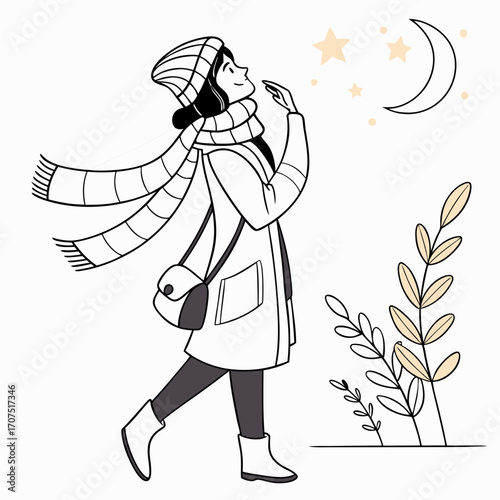 Vector illustration: a walking girl in a winter coat, scarf and hat looks at a crescent moon and stars; black and white outline with beige accents, cute night sticker illustration