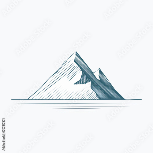 Majestic mountain peak rises above the calm lake in a serene landscape, showcasing nature's beauty and tranquility with a handdrawn aesthetic.