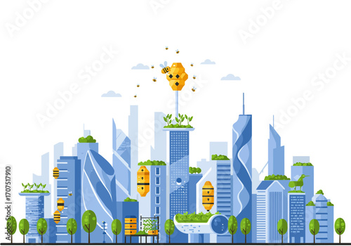 Futuristic City with Rooftop Gardens and Bees.