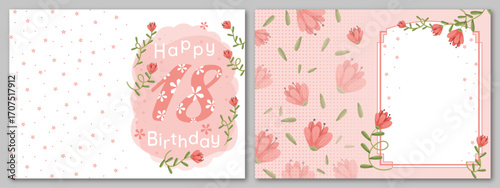 18 Birthday anniversary greeting card template with copy space in vintage style with floral prints in shades of beige dusty pink. Double Sided Wedding Invitation Card Ready to Print vector