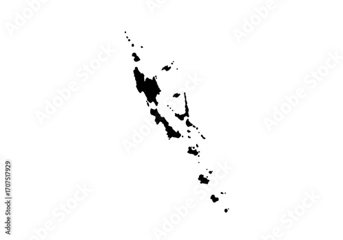 Black silhouette map of Vanuatu on white showing islands shapes  locations