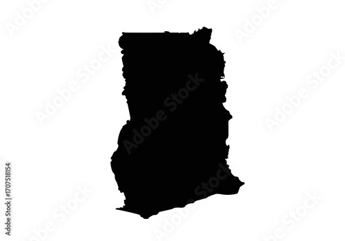 Black silhouette of the country of Ghana against a white background