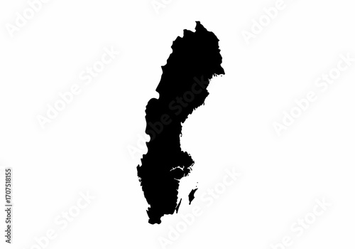 Black silhouette of Sweden a long narrow country with a complex coastline positioned vertically on a white background