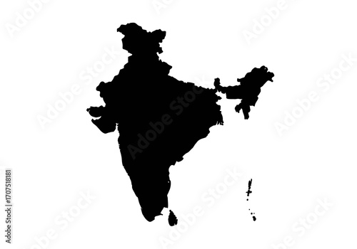 Black silhouette of the India map with surrounding countries and islands on a white background