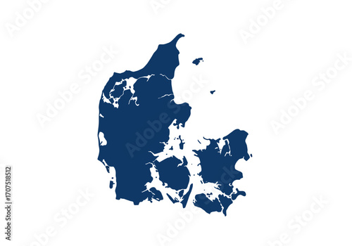 Dark blue map of Denmark against a white backdrop showing countrys outline and islands