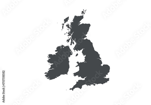 Gray simplistic land mass map of the British Isles on a stark white background