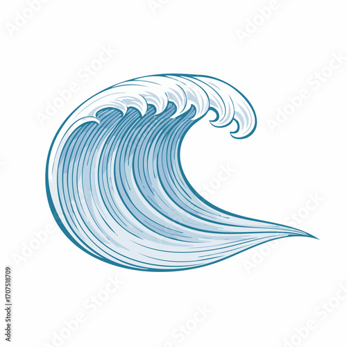 Ocean wave curls and crashes against the shore in a stylized rendering, evoking a sense of power and the beauty of nature.