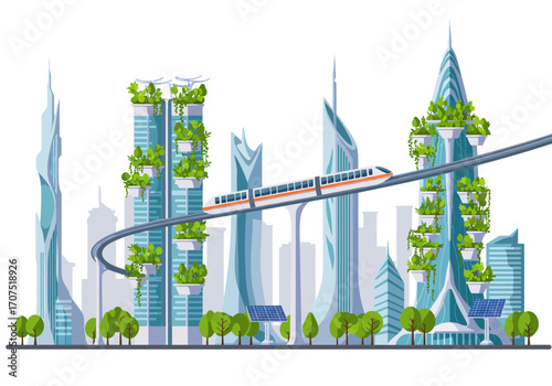 Futuristic Cityscape with Elevated Transport System.