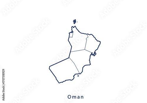 Oman map outlined in blue regions divided by thin lines on a white background with the word Oman below