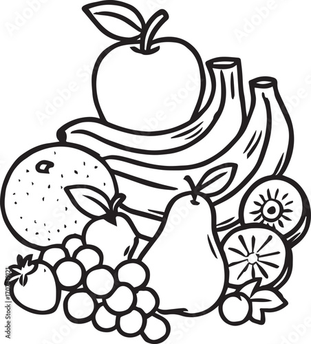 Black and white line drawing of assorted fruits—apple, banana, kiwi, pear, grapes, and berries for design and educational use