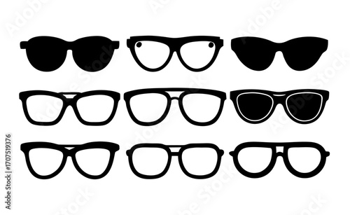 set of collection of various stylish sunglasses  simple black silhouette