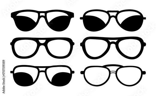 set of collection of various stylish sunglasses  simple black silhouette