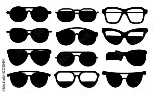 set of collection of various stylish sunglasses  simple black silhouette