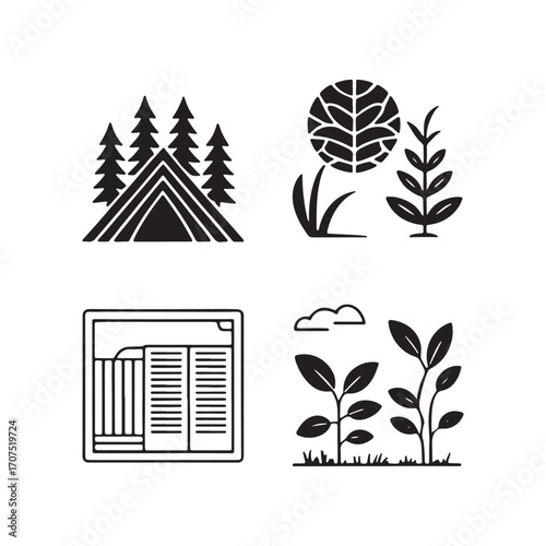 A minimalist collection of black glyph icons depicting nature, camping, and home lifestyle elements