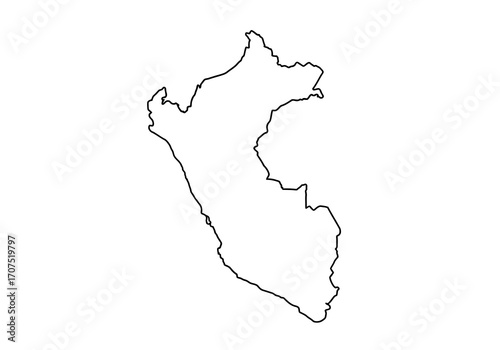 Outline of the country Peru black on white with a distinctive curved shape and detailed coastal and inland borders