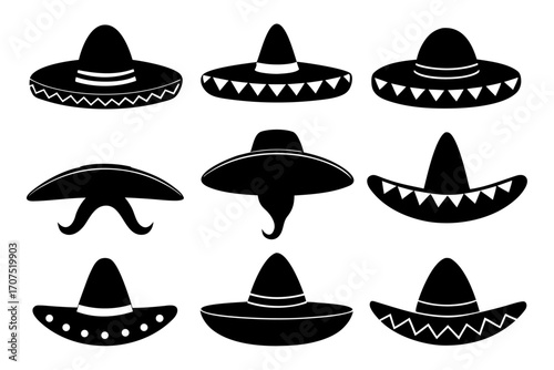 Mexican Hat vector set,set of Sombrero Hats simple black silhouette vector