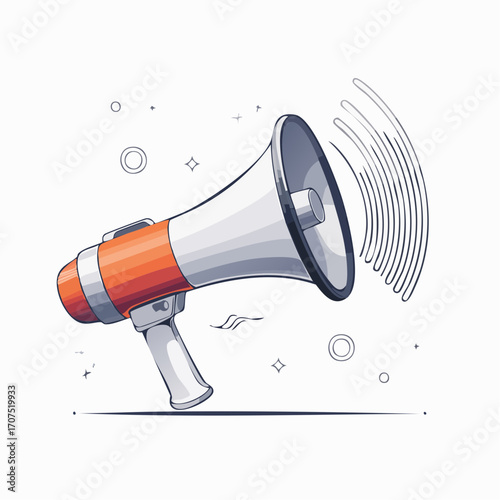 Megaphone announces important message with sound waves on white, calling attention to urgent news and announcements.