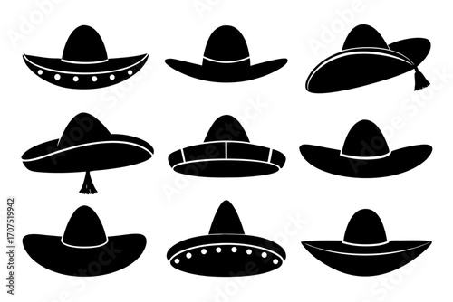 Mexican Hat vector set,set of Sombrero Hats simple black silhouette vector