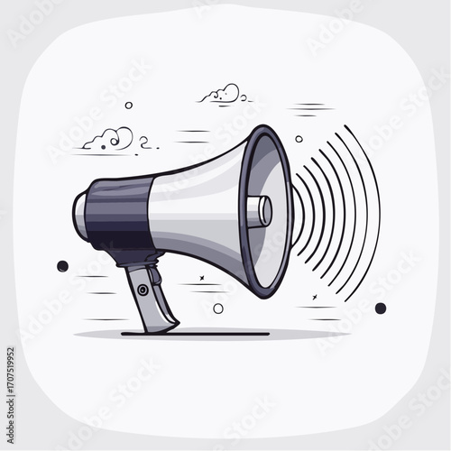 Megaphone announces important message with sound waves in simple black and white drawing, symbolizing communication and attention grabbing.