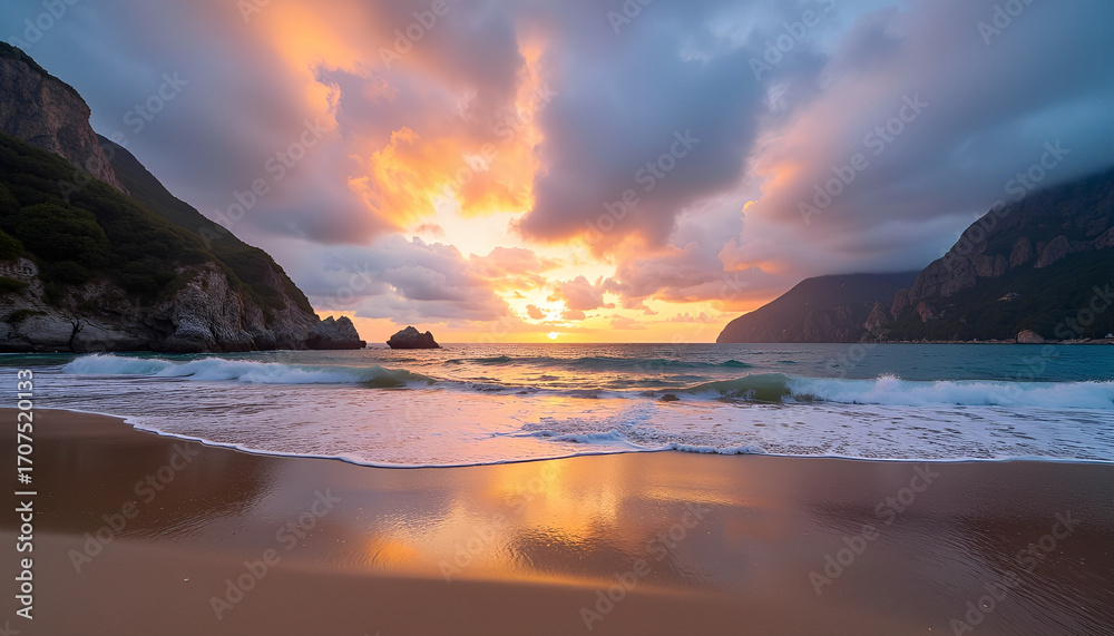 Fototapeta premium Scenic beach sunrise with dramatic clouds and mountains