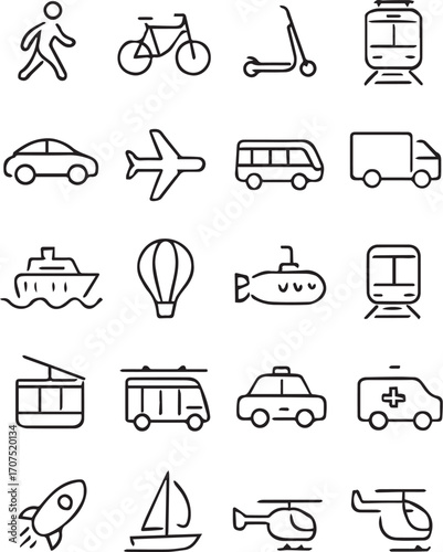 Set of 20 black-and-white transportation icons—line art of vehicles and mobility modes for design, education, and UI use