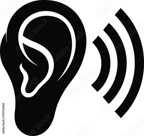 Black and white illustration of an ear with sound waves emanating from it.