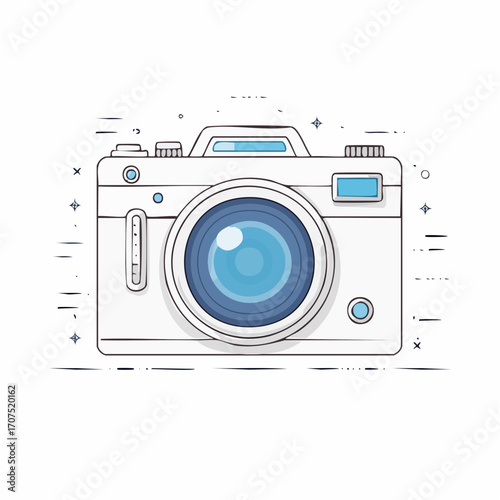 Vintage camera with blue lens sitting on white surface, evoking nostalgia and appreciation for classic photography equipment.