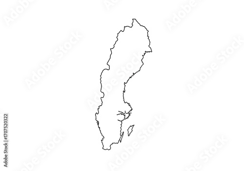 Outlined map of Sweden focusing on its unique geographic shape including its long narrow landmass  coastal details