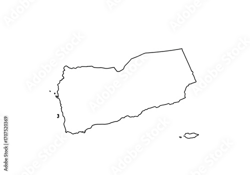 Outlined monochrome map of Yemen including a smaller island features a basic depiction against a white background