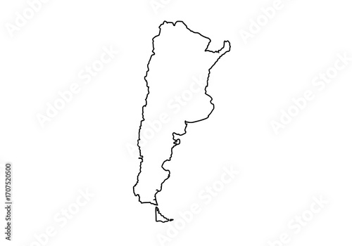 Outlined silhouette of Argentina showing its distinct narrow landmass  coastal features
